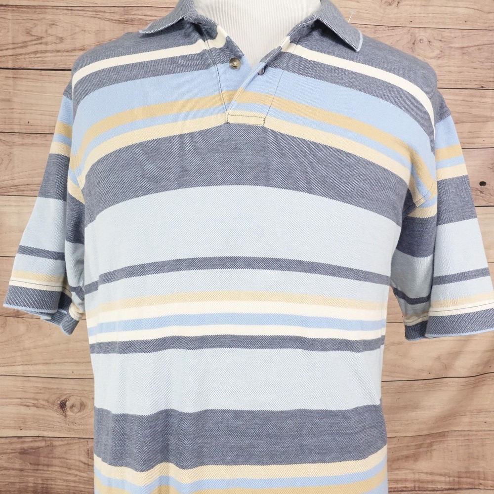 John Ashford Polo Shirt Mens L Blue 100% Cotton Striped Knit Short Sleeve Casual